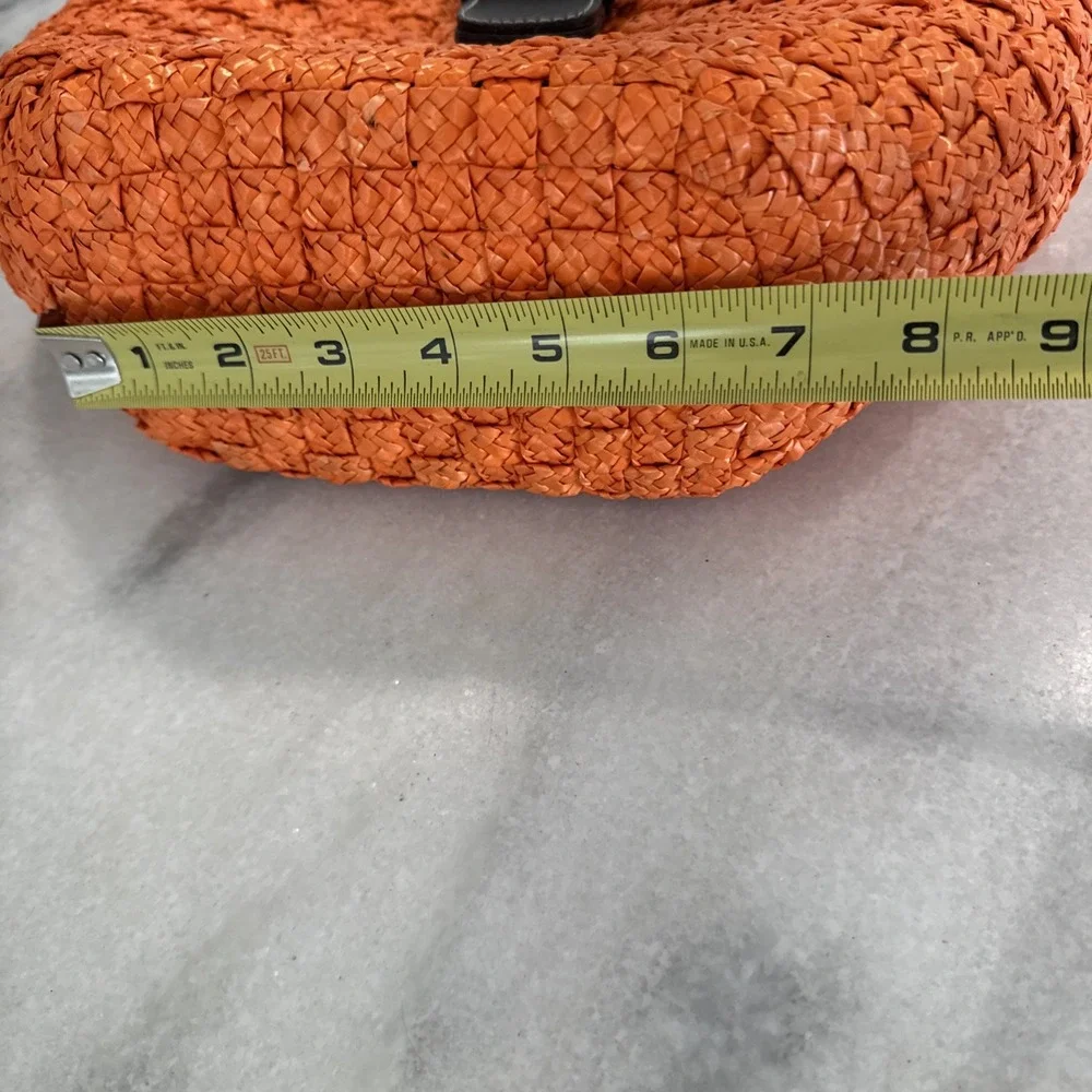 Orange Straw Purse With Leather Buckle And‎ Bamboo Handles